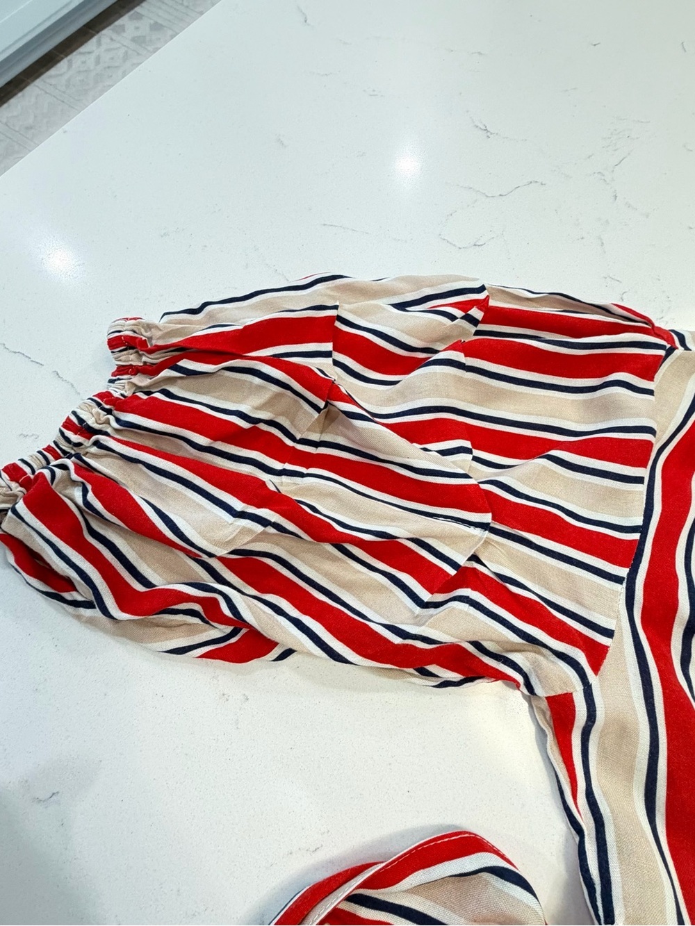 Umgee Red and Cream Striped Wrap Midi Dress with Puff Sleeves - Picture 7 of 10
